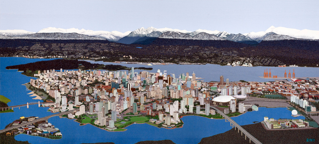 A woven image of the city of Vancouver created with fibre.