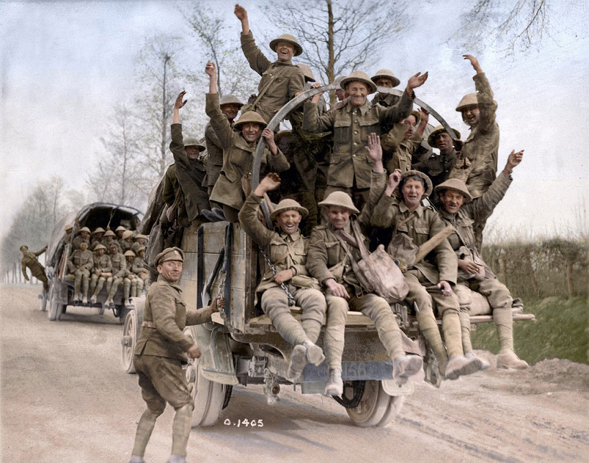 Canadian soldieirs returning from Vimy Ridge Photo courtesy of the Vimy Ridge Foundation, colourized by Canadian Colour Canadian War Museum George Metcalf ARchival Collection 19920085-295